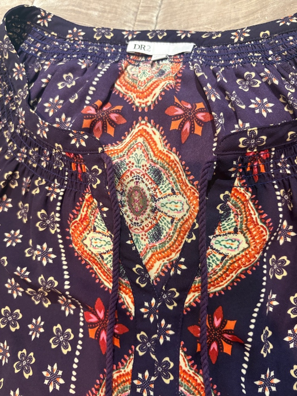DR2 Navy Boho Top with Purple Tassel & Orange Medallion Print XS - Picture 3 of 11